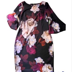 Calvin Klein Floral Sheath Midi Dress with Bell Sleeves